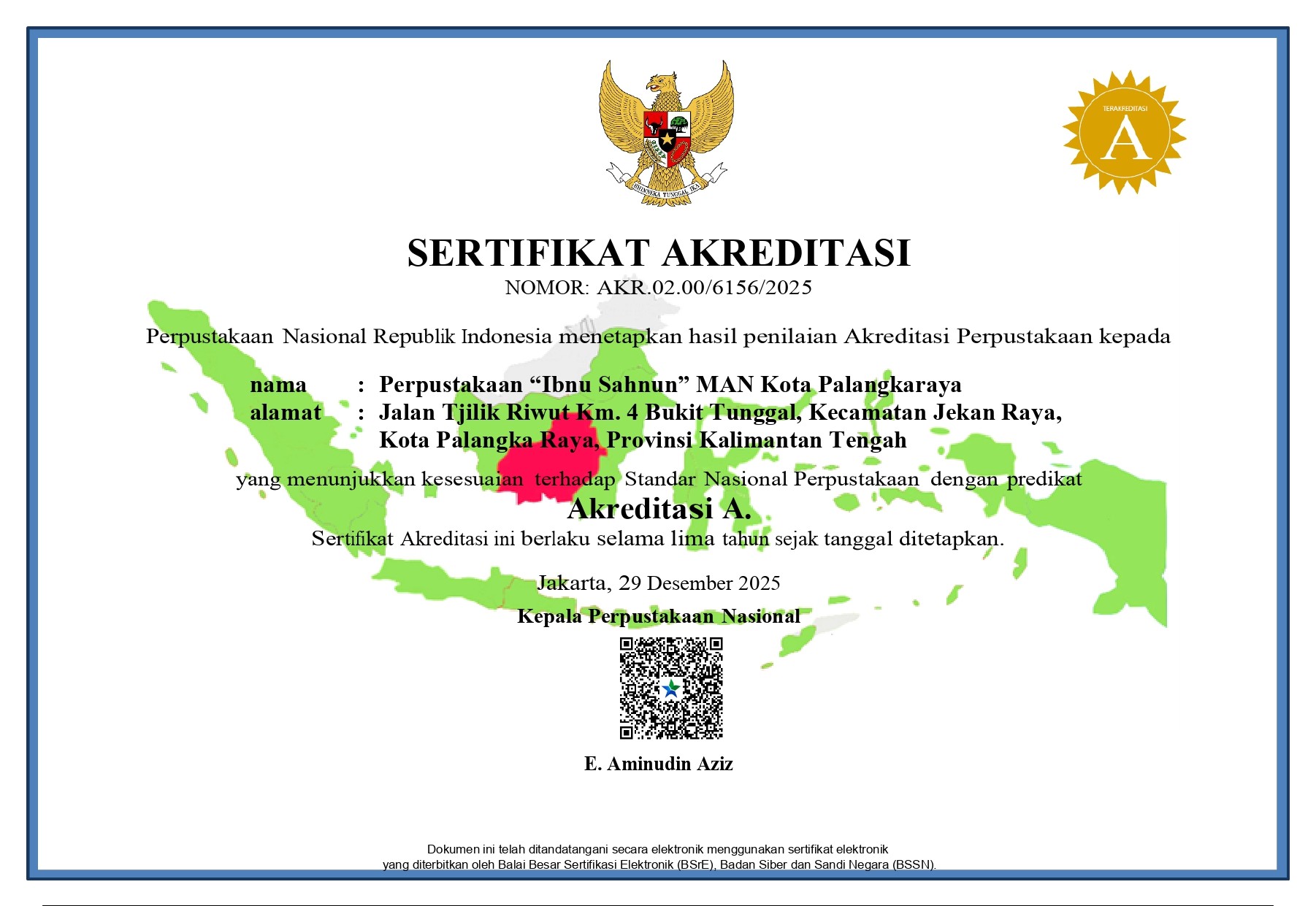 Perpustakaan Ibnu Sahnun MAN Kota Palangka Raya Raih Akreditasi A dari Perpustakaan Nasional RI